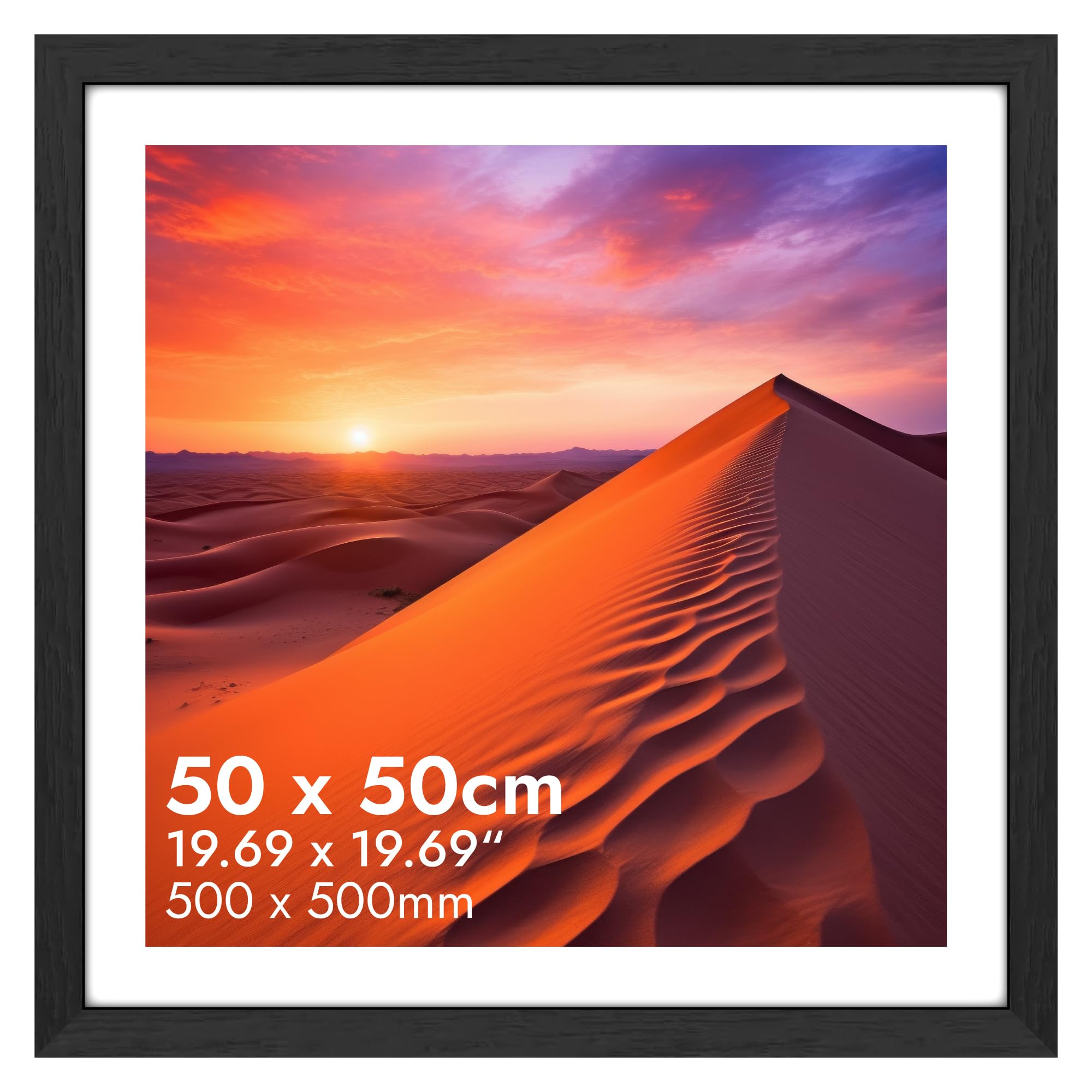 HNK Black Square Picture Frames 50x50cm Engineered Wood and Plexiglass, 20x20 Inches Square Frame Dual Orientation Landscape or Portrait, 500x500mm Frame Wall Hanging Display Photos