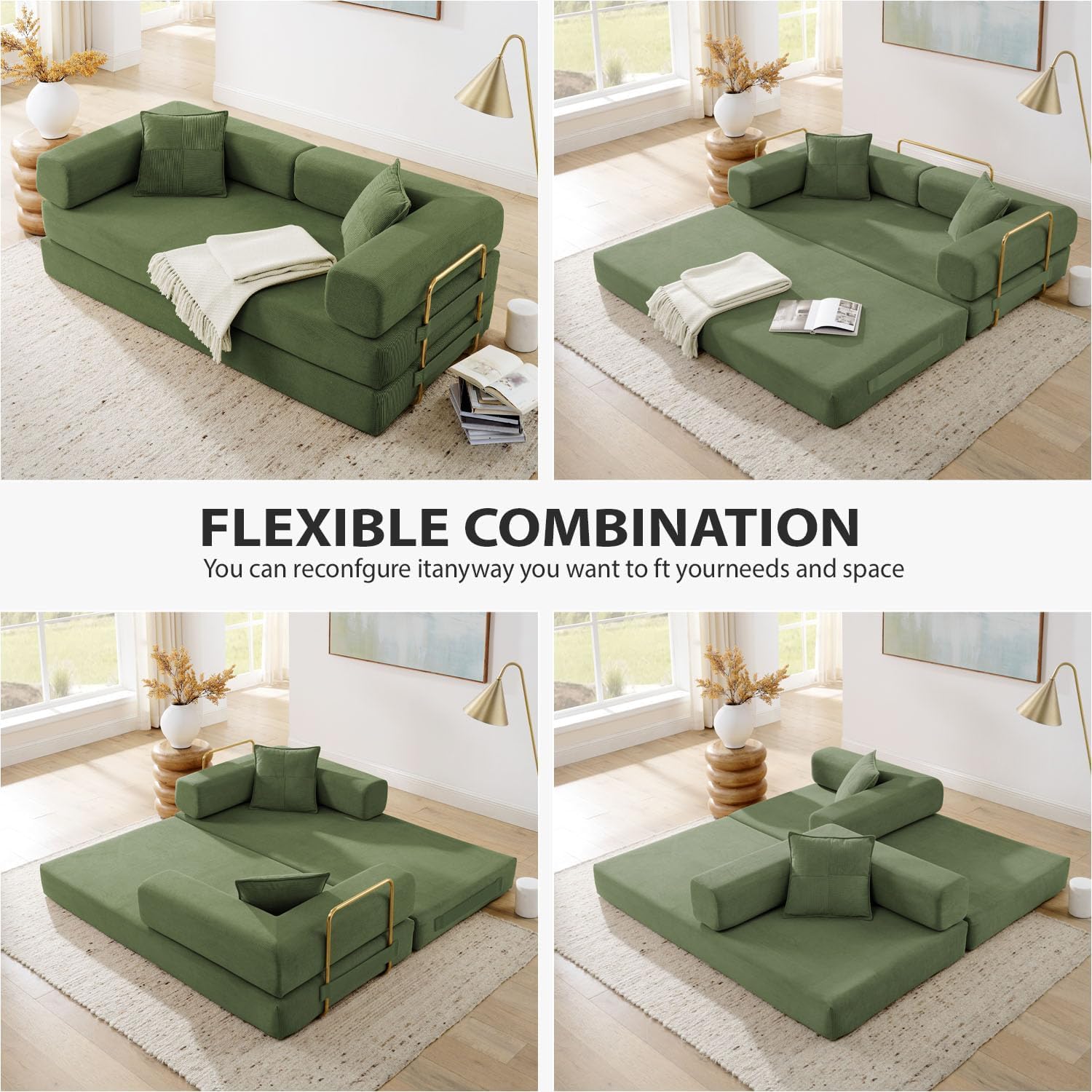 Convertible Folding Sofa Bed, Modern Futon Sleeper Sofa Fold Out Couch Bed with Gold Fixed Frame, Modular Floor Sofas Comfy Corduroy Boneless Couches for Living Room (78" Green)