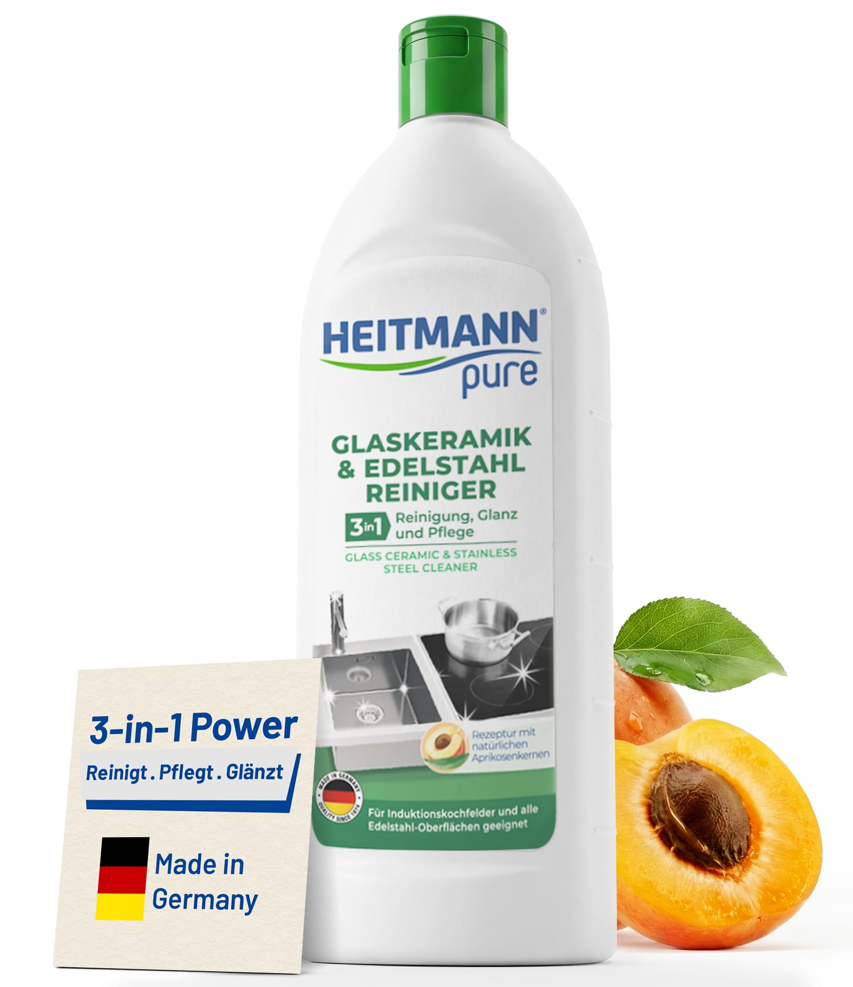 HEITMANN pure Glaskeramik- und Edelstahlreiniger 250 ml | Ceranfeldreiniger für Ceranfeld & Cerankochfeld | Glaskeramik Reiniger & Edelstahlreiniger Küche 3 in 1 mit Abperl-Effekt