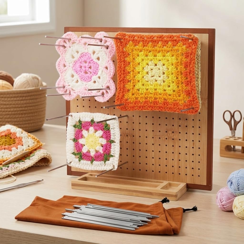 SILENRADAWN Crochet Blocking Board 41 Piece Wood Square Set with Steel Pins