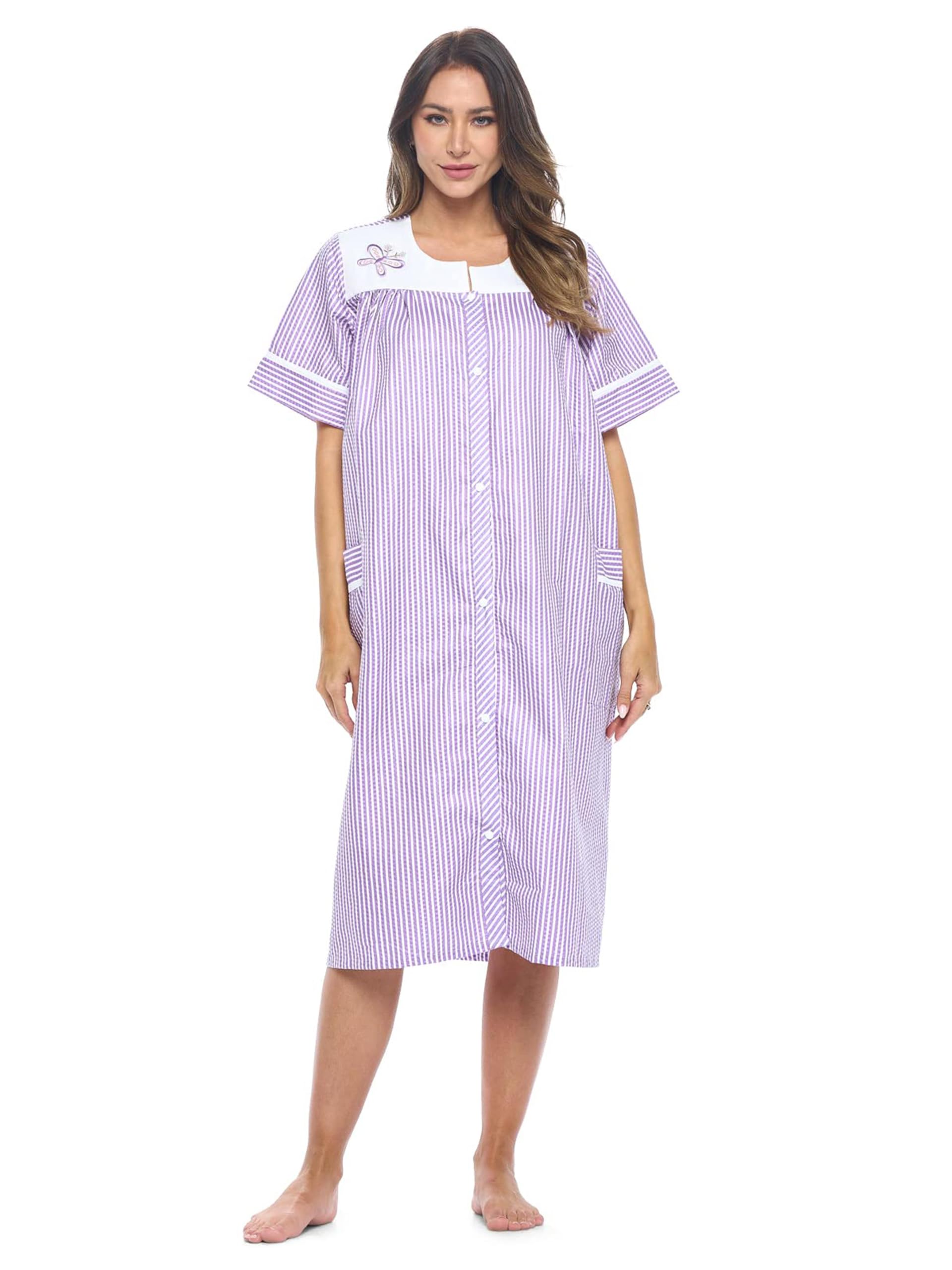 Casual Nights Women's Snap - Front House Dress Short Sleeve Woven Housecoat Duster Lounger Robe with Pockets