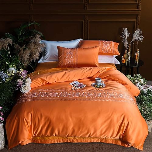 AXOIN HZH FMOGG Luxury Silk Bedding Set Bedding Duvet Cover Set King Size 4 Pcs Silk Satin Embroidery Double Duvet Covers Set Non-Iron Microfiber