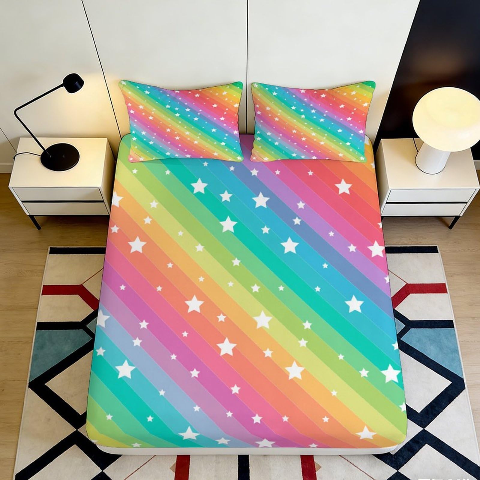 3D Printed Rainbow Star Fitted Sheet Microfiber Deep Pocket Non-Slip Rainbow Star Mattress Fitted Cover for Bedroom 200x200x25cm