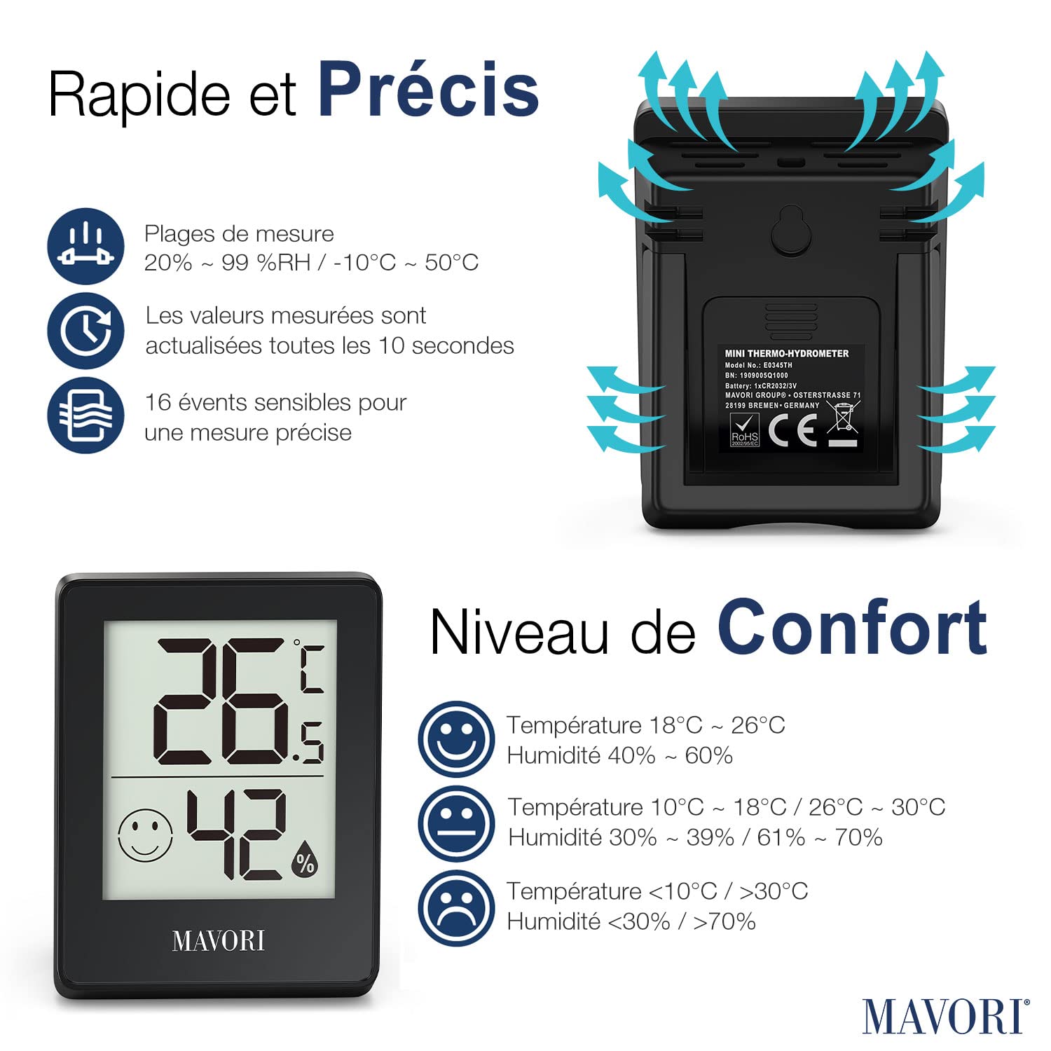 MAVORI® Indoor Thermometer Digital Hygrometer with Precise Measured Values Humidity Gauge Room Thermometer for Home with Accurate Temperature Humidity Monitor for Greenhouse, Office, Plant, Basement