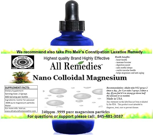 Líquido Nano Coloidal Magnesio Mineral Líquido 2oz 240ppm All Remedies Adultos Hombres Mujeres Niños Dropper, 2oz Kosher