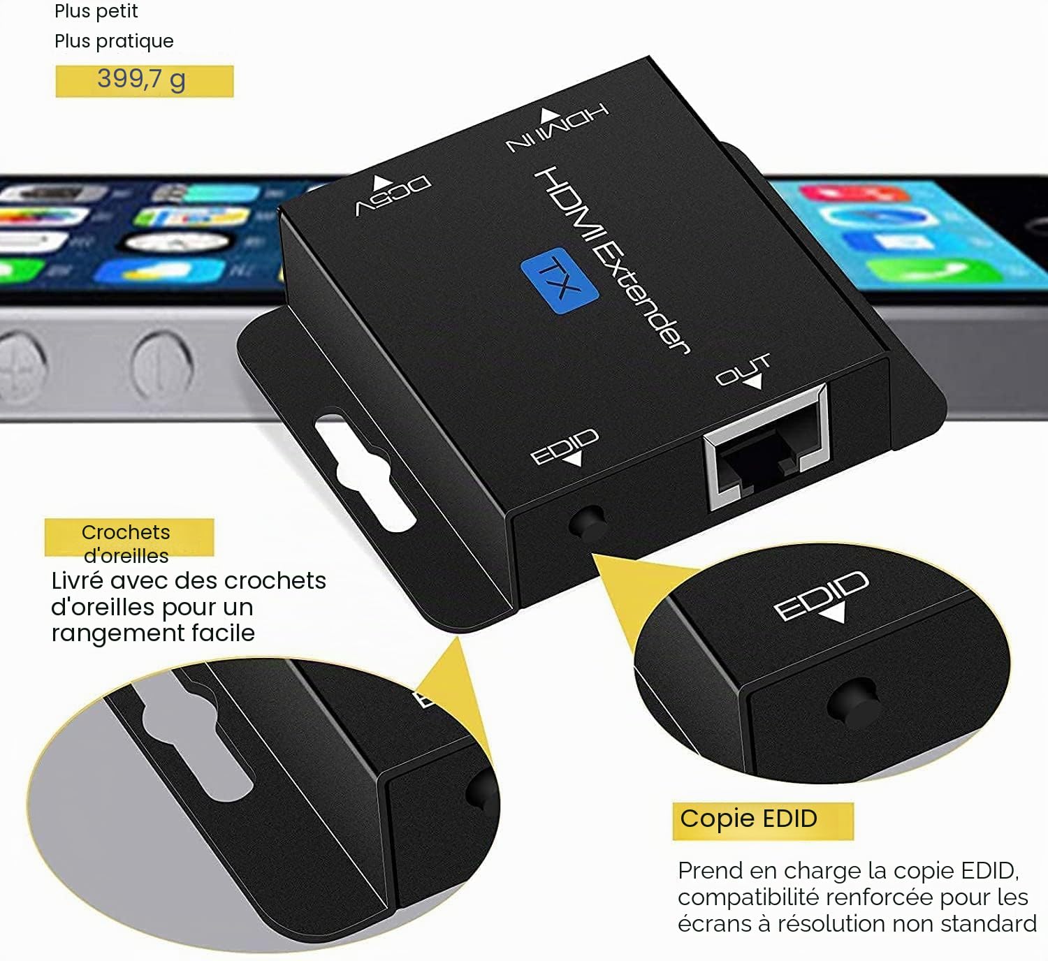 Rallonge HDMI via Ethernet avec POC (alimentation TX uniquement requise) - 1080p @ 60Hz, convertisseur HDMI vers RJ45, prend en charge EDID, pour Cat5e/Cat6/Cat7, avec bloc d'alimentation 5 V
