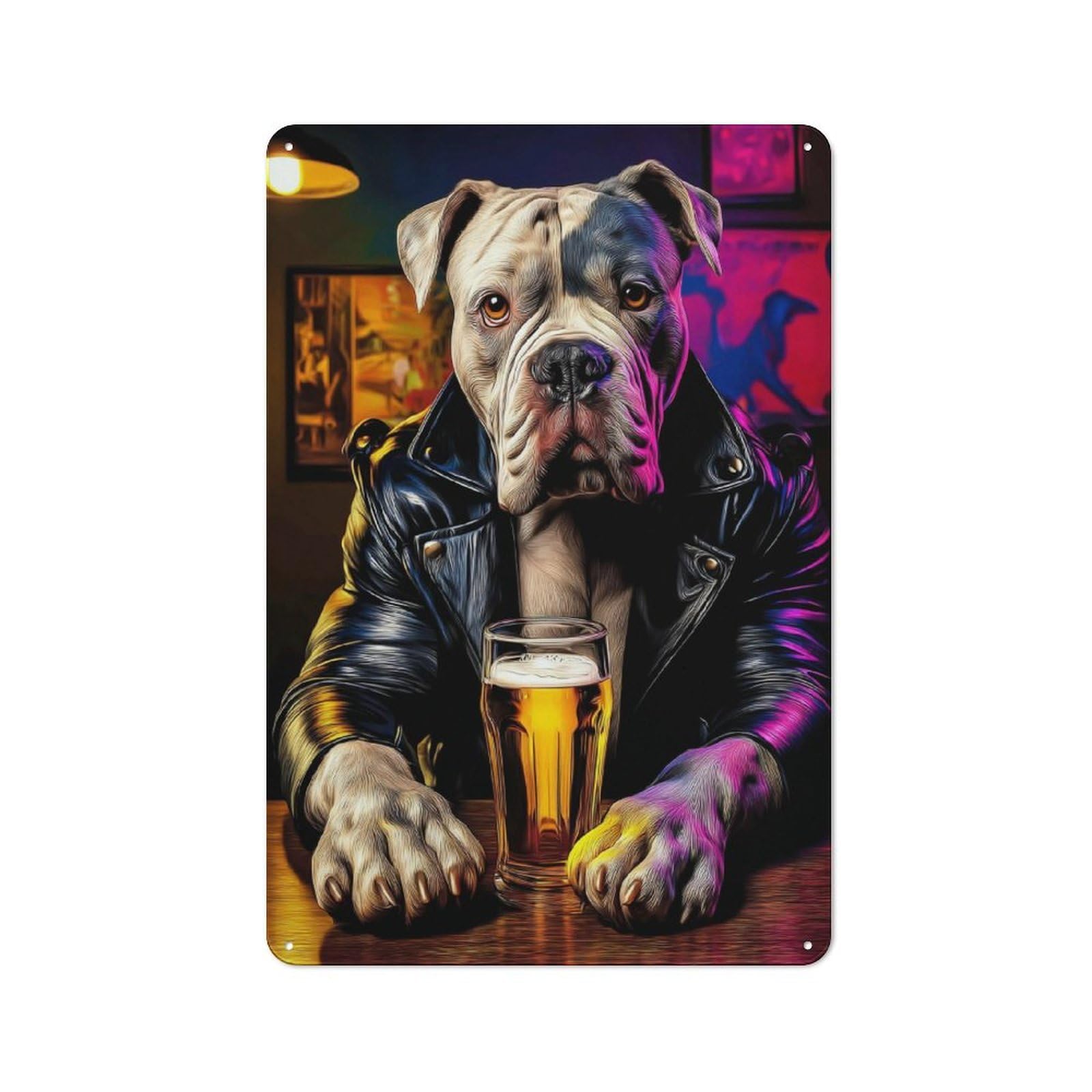 Junmoney Dog In Leather Jacket With Beer -3 Retro Metal Sign 30X20cm For Living Room Or Hallway, For Updating Living Room And Hallway After Moving