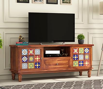 NEW LOOK FURNITURE Solid Sheesham Wood TV Unit Table One Compartment with Drawers and Shelf Wooden TV Cabinet for Bedroom Hall and Living Room, Office & Home Furniture (Honey7)