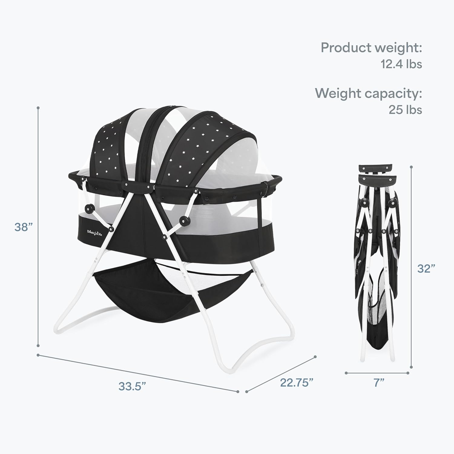 Dream On Me Karley Portable Newborn Bassinet with Double Mesh Canopy, Foldable Travel Bassinet with Storage Basket, Lightweight, Indoor Outdoor Use, Black/White