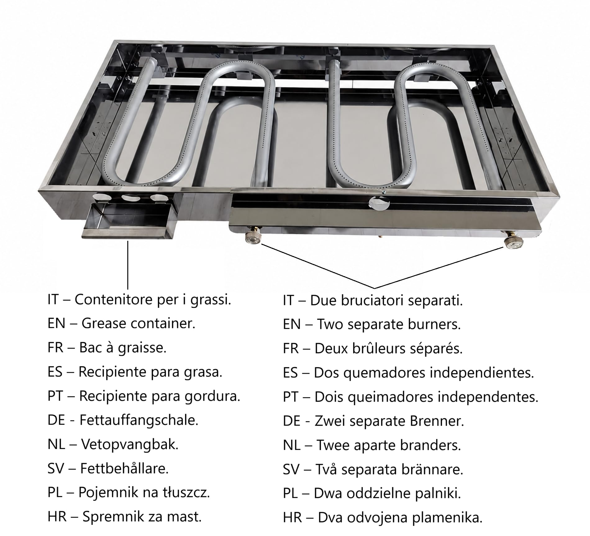 Yelloo - Parrilla Inoxline 1000 100x60 cm con placa lisa de acero inoxidable AISI430, BBQ barbacoa de gas con dos quemadores