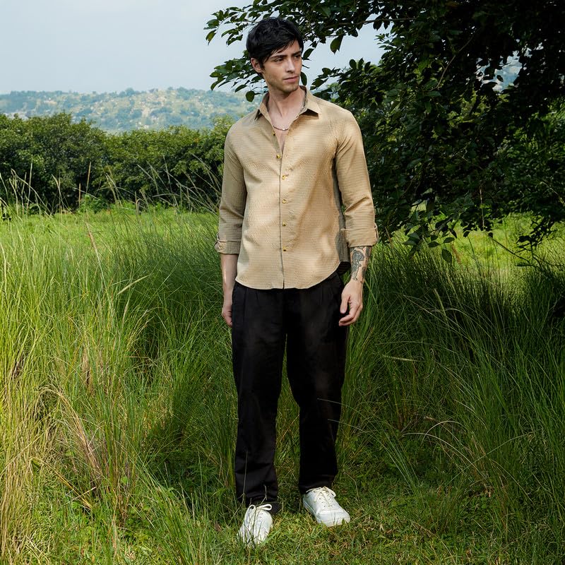 Image of CAHOOT Men's Olive Shirt Casual Wear | Shawl Collar | Long Sleeve | Button Closure | Shirt Crafted with Comfort Fit for Everyday Wear