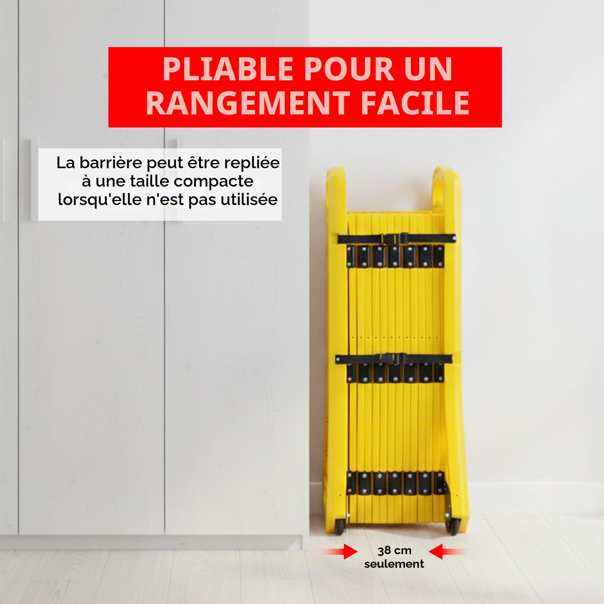 Barrière en plastique extensible pliable – Jaune | Barrière de sécurité mobile rétractable avec poignée de transport | Barrière en plastique pour contrôle temporaire de la circulation
