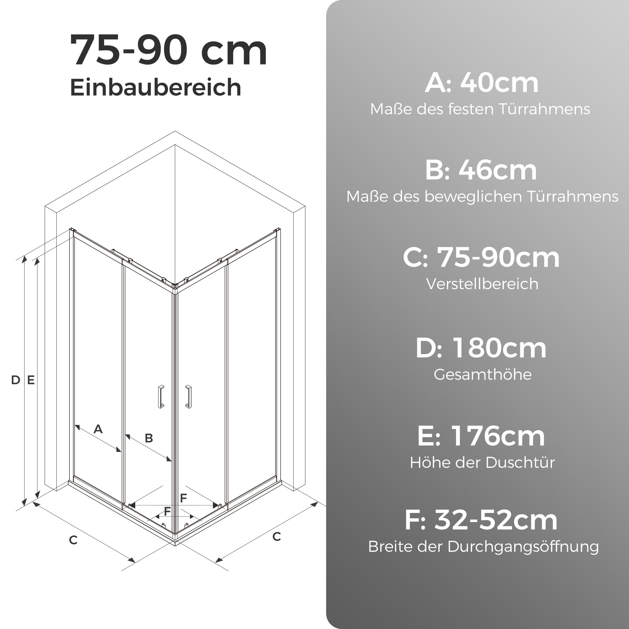 STARLEAD Duschkabine Variabel 75-90 cm – Flexibler Eckeinstieg Passend für Duschkabine 90x90 & 80 x 80, 180cm 4mm ESG Sicherheitsglas, Magnetdichtung, Moderne Komplettdusche, Schwarz Matt