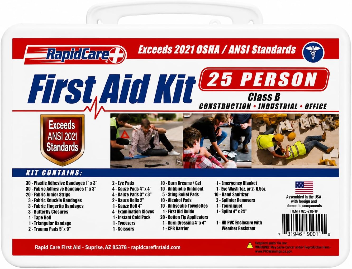 Rapid Care 25 Person Class B First Aid Kit | OSHA & ANSI 2021 Compliant Workplace Medical Kit for Construction, Industrial, Office, Warehouse & Jobsite Safety