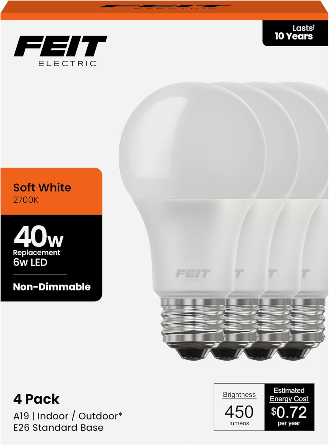 Feit Electric A19 LED Light Bulbs, 40W Equivalent, Non Dimmable, 450 Lumens, E26 Standard Base, 2700k Soft White, 80 CRI, 10 Year Lifetime, Energy Efficient, 4 Pack, A450/827/10KLED/4