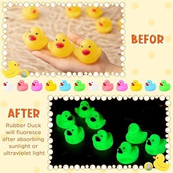 24 Pcs Glow in the Dark Rubber Ducks 2.2'' Luminous Mini Rubber Duck Fluorescent Tiny Light up Floating Squeaky Bathtub Toys for Baby Showers Summer Beach Pool Party Games (Colorful)