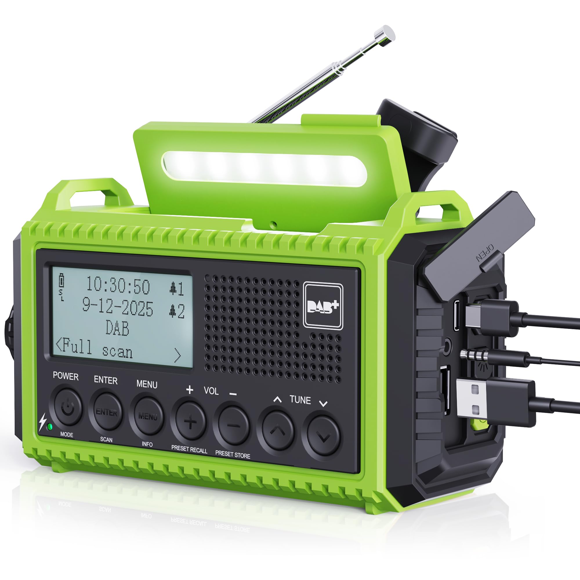 Radio korbowe DAB przenośne radio, radio korbowe z funkcją ładowania telefonu komórkowego, radio UKW/DAB Plus, akumulator 5000 mAh, do ponownego ładowania, awaryjna korbka radiowa, z latarką LED i lampką do czytania, alarm SOS na kemping