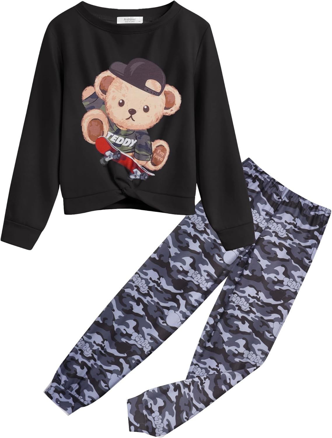 Arshiner Girls 2 Piece Outfits Fashion Twist Front Tracksuit Long Sleeve Pullover Sweatshirt Sweatpants Jogger set Sweatsuit
