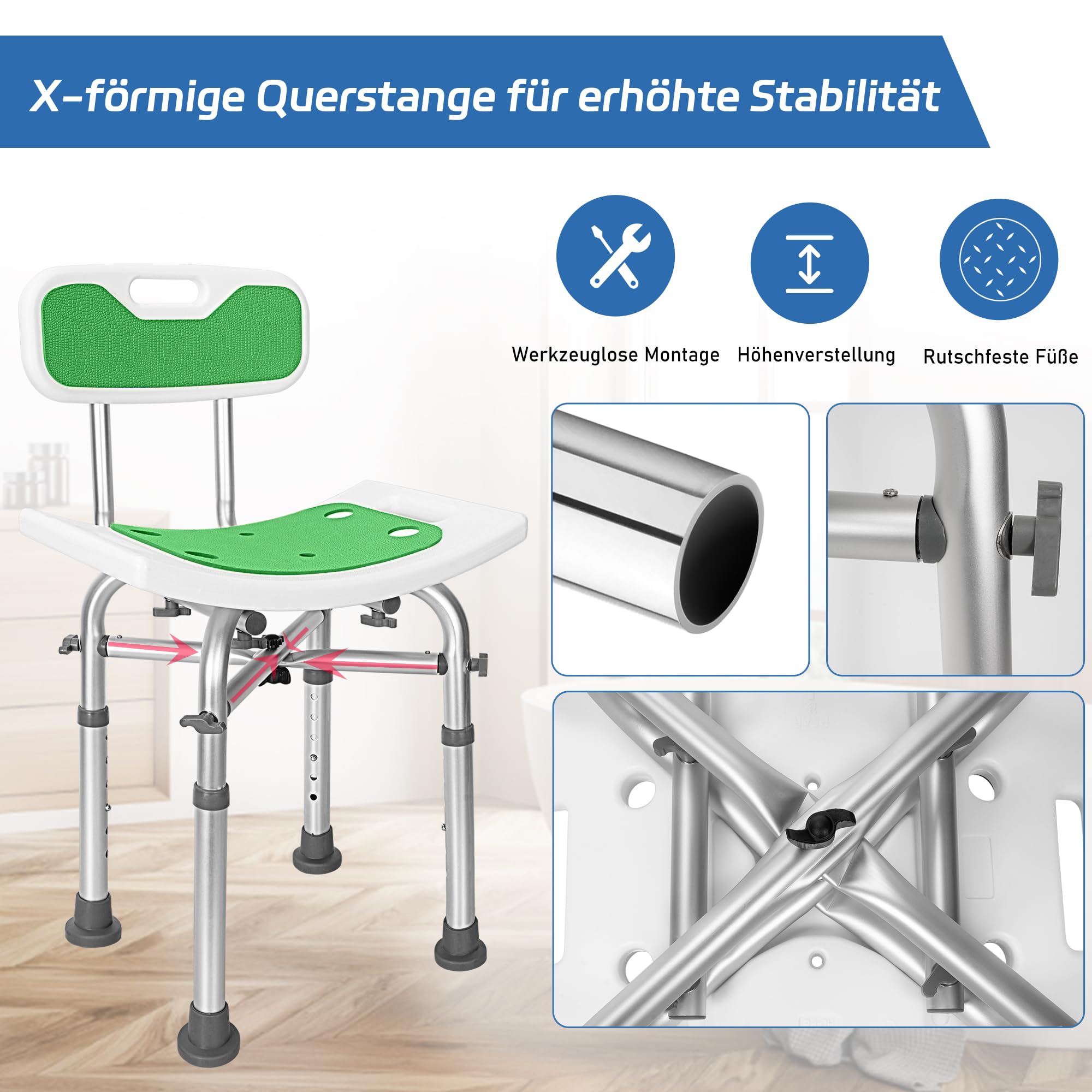 OUUTMEE Sedia da doccia con schienale, regolabile in altezza, 65-77 cm, per anziani con piedini antiscivolo, portata massima 136 kg (verde)