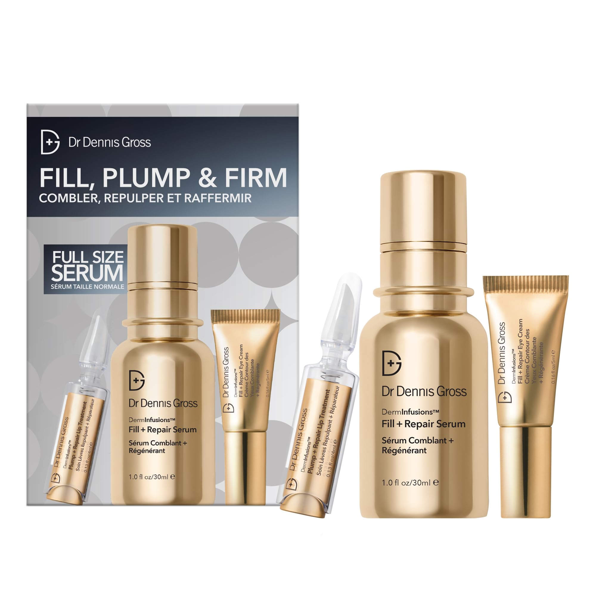 Dr. Dennis Gross Fill, Plump & Firm Kit – DermInfusions™ Hyaluronic Acid Serum, Eye Cream & Lip Treatment | Boost Hydration, Smooth Fine Lines &