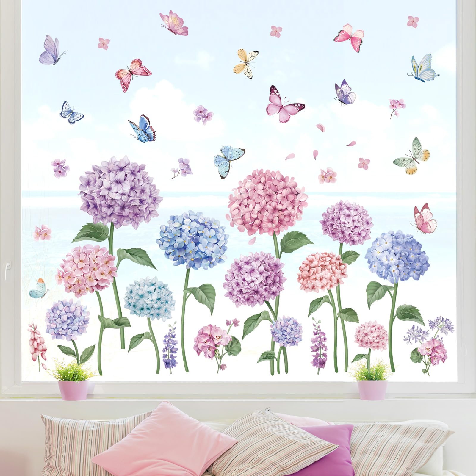 wondever Summer Purple Flower Window Clings Blue Hydrangea Floral Butterfly Glass Sticker Decal Anti Collision Double-Side Static Window Stickers for Home Glass - Image 3