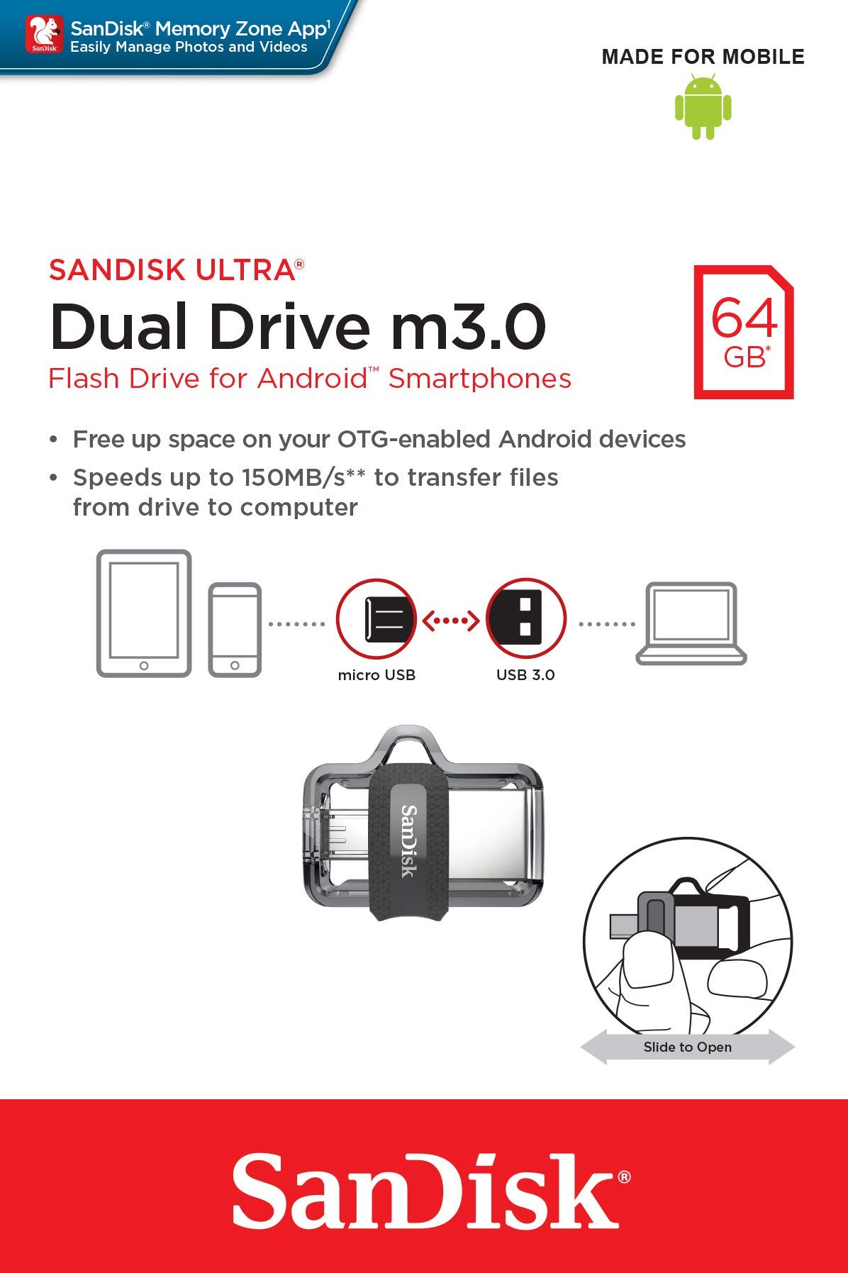 SanDisk Ultra 64 Go Dual Drive m3.0 Clé Double connectique pour appareils Mobiles jusqu'à 130 Mo/s (Lot de 2)