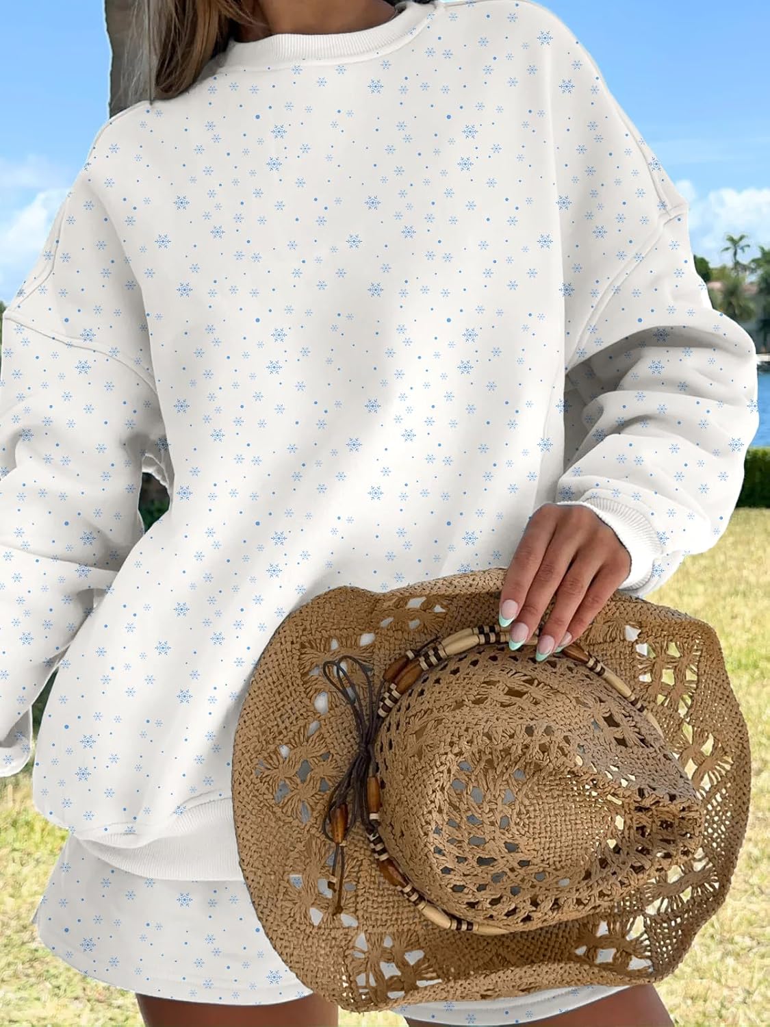 BAIGRAM Women Oversized Crew Neck Snowflake Ditsy Floral Sweatshirt Comfy Fleece Pullover Y2K Aesthetic 2025 Fall Clothes - Image 4