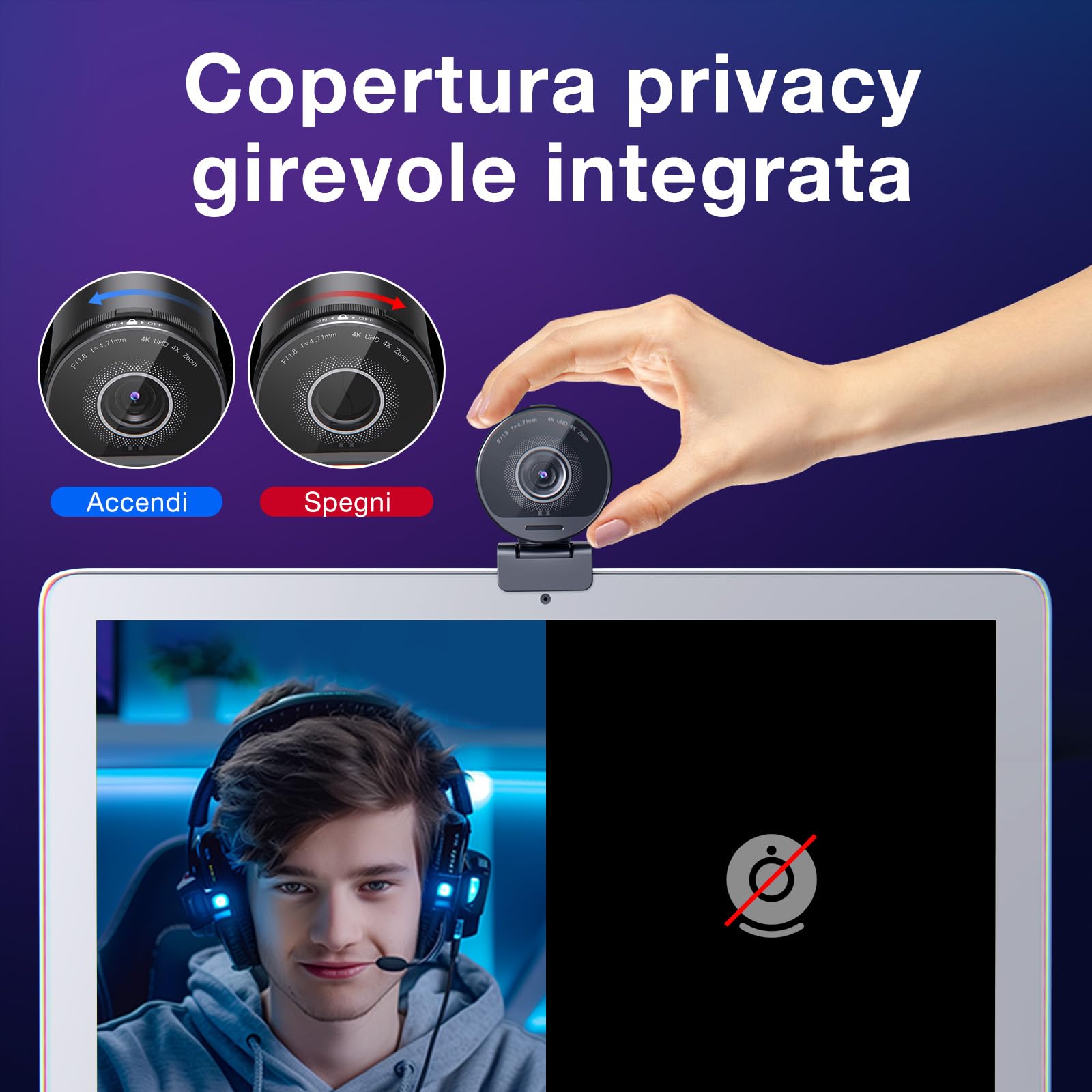 EMEET Webcam 4K S800, Webcam Ultra 4K con 2 Microfoni con Riduzione del Rumore, Campo Visivo 73°, Correzione della Luce, Copertura Privacy, 1080p@60FPS HDR, Web cam 1080p per Live Streaming
