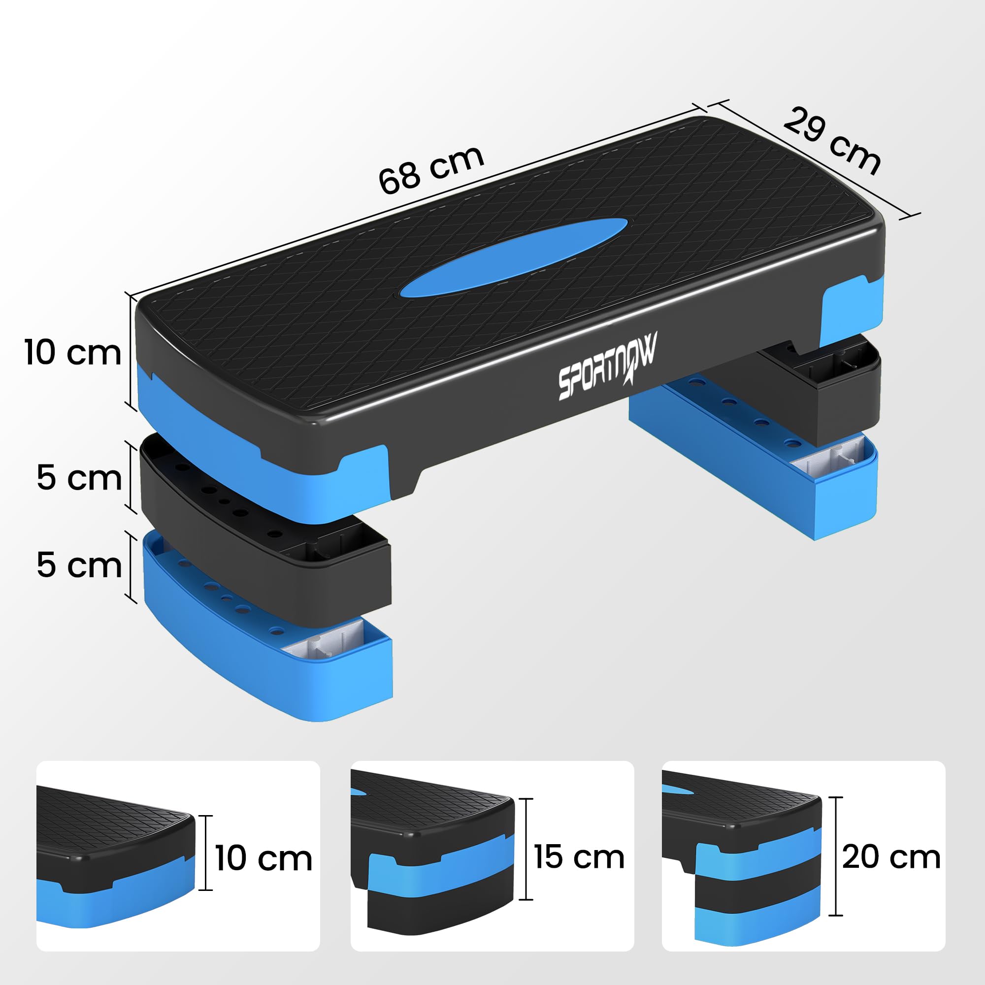 SPORTNOW Stepper Fitness Aérobic 3 Niveaux, Hauteur Réglable 10/15/20 cm avec Rehausses, Surface Antidérapante, Charge 150 kg, Stepper Aérobic pour Maison et Salle de Sport, Bleu