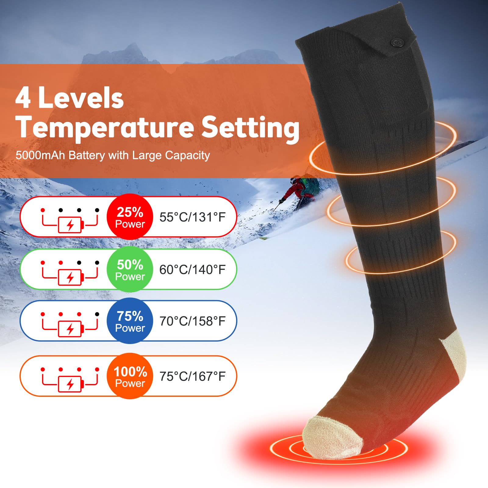 Ailgely Heated Socks Rechargeable Washable for Men Women,Electric Heated Heating Socks,Foot Warming Socks,5V 5000mAh Battery Powered Operated Heated Socks,for Winter Outdoor Activities