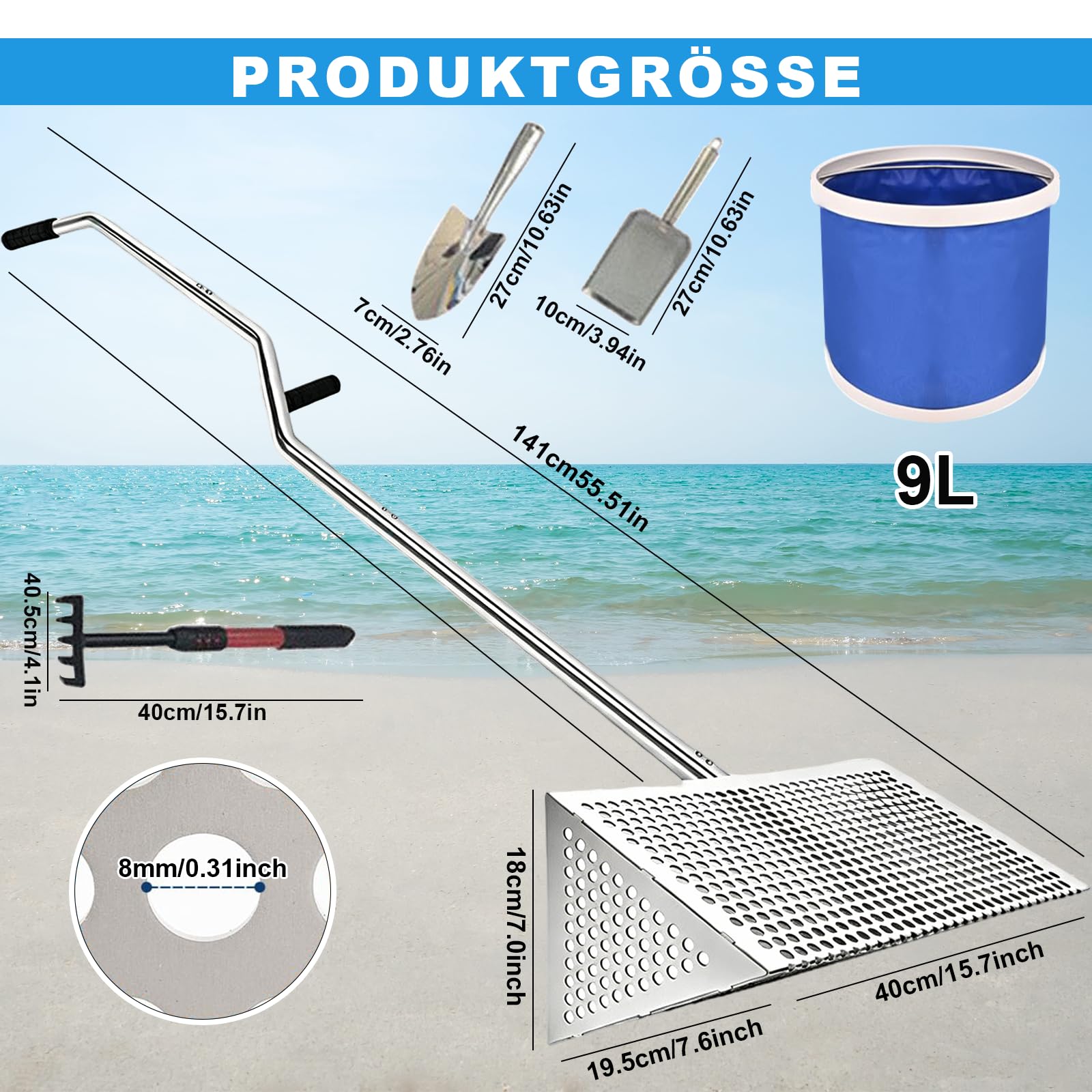 Sand Flohrechen Set, Edelstahl Strandsand Sieb, Abnehmbarer Langer Griff | mit Eimer, Handschuhe, Schaufel, Räder, Sandflohsieb Scharfen Zähnen Strandrechen, Sandflohharke Strand Sandsieb für Meerjagd
