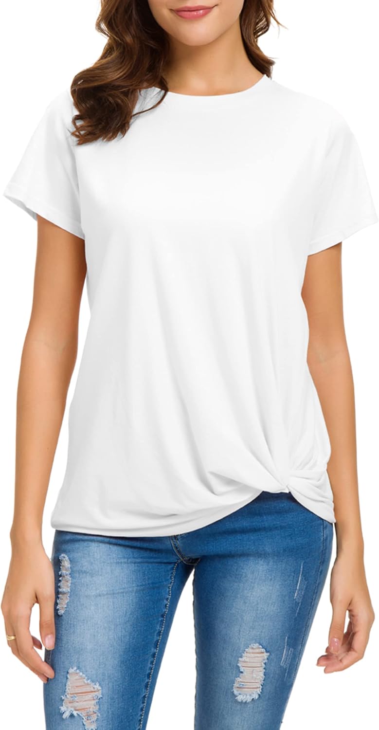 MSHING Women's Casual Round Neck Short Sleeve Tie Up T-Shirt Blouse Comfortable Cotton Basic Tops - Image 5