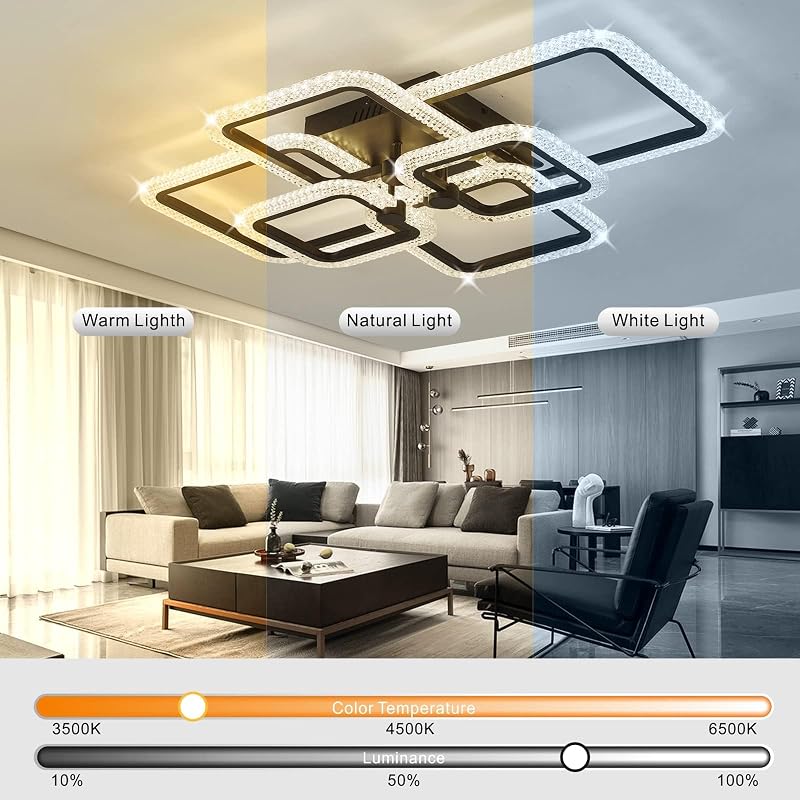 HiHiHomy LED Mennyezeti Lámpa - 6 Négyzetes Keret, Távirányítós, Szabályozható Fényerő, 3000K-6500K, Fekete, Modern Kristály Dizájn, 3000 Lu