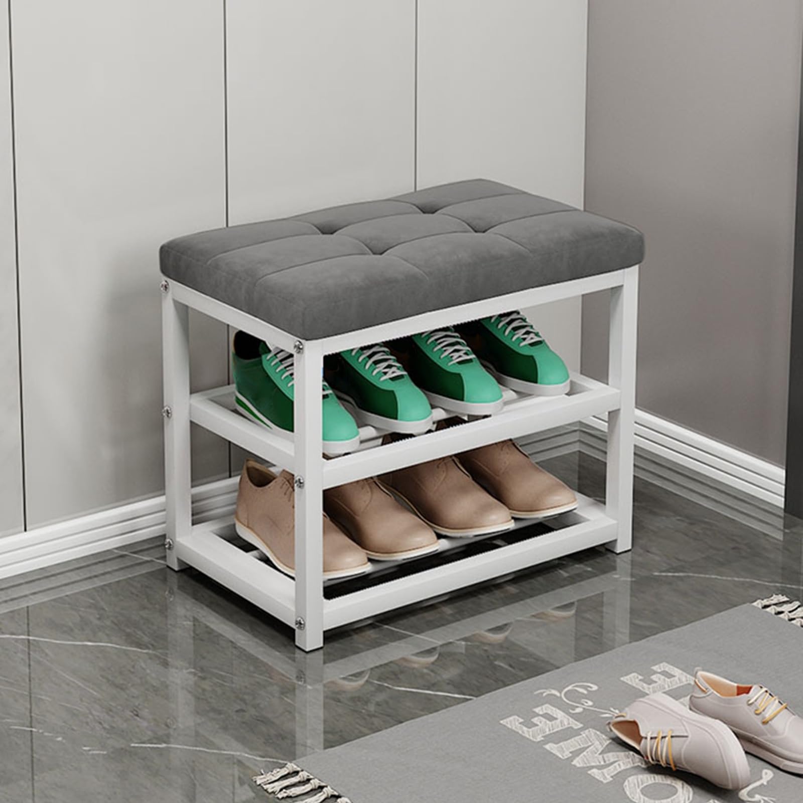 MSHGSKU Shoe Rack Bench with Cushion and Metal Frame - Entryway Organizer for Living Room, Hallway, Mudroom - Holds 300 lb
