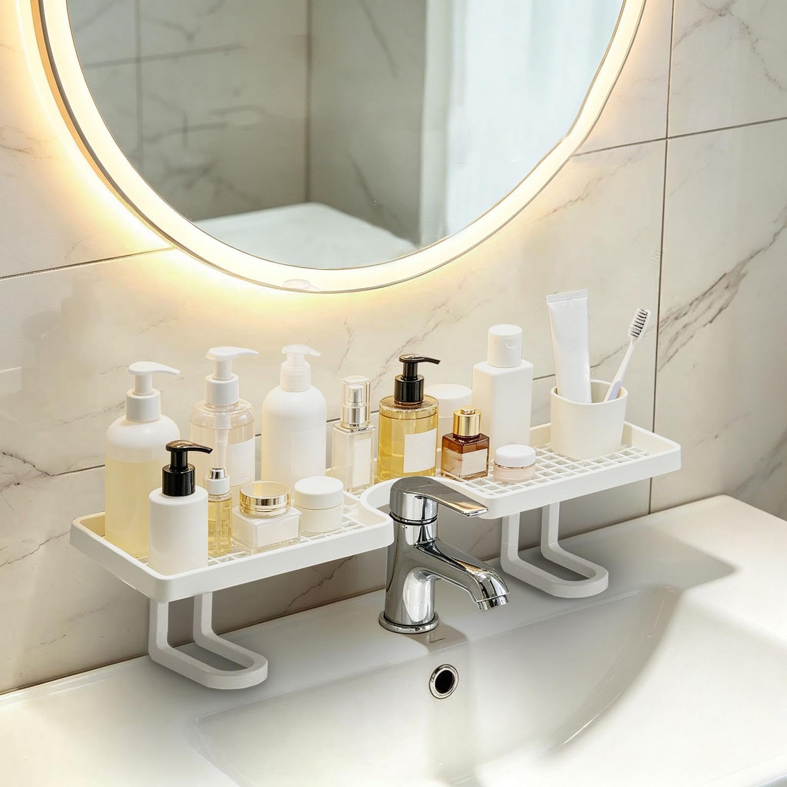 Étagère au-Dessus du Robinet Salle de Bain - sans Perçage 50 Cm Forme en U Drainage Rapide,Étagère au-Dessus du lavabo pour Salle de Bain - brosses à Dents, cosmétiques, shampoings,