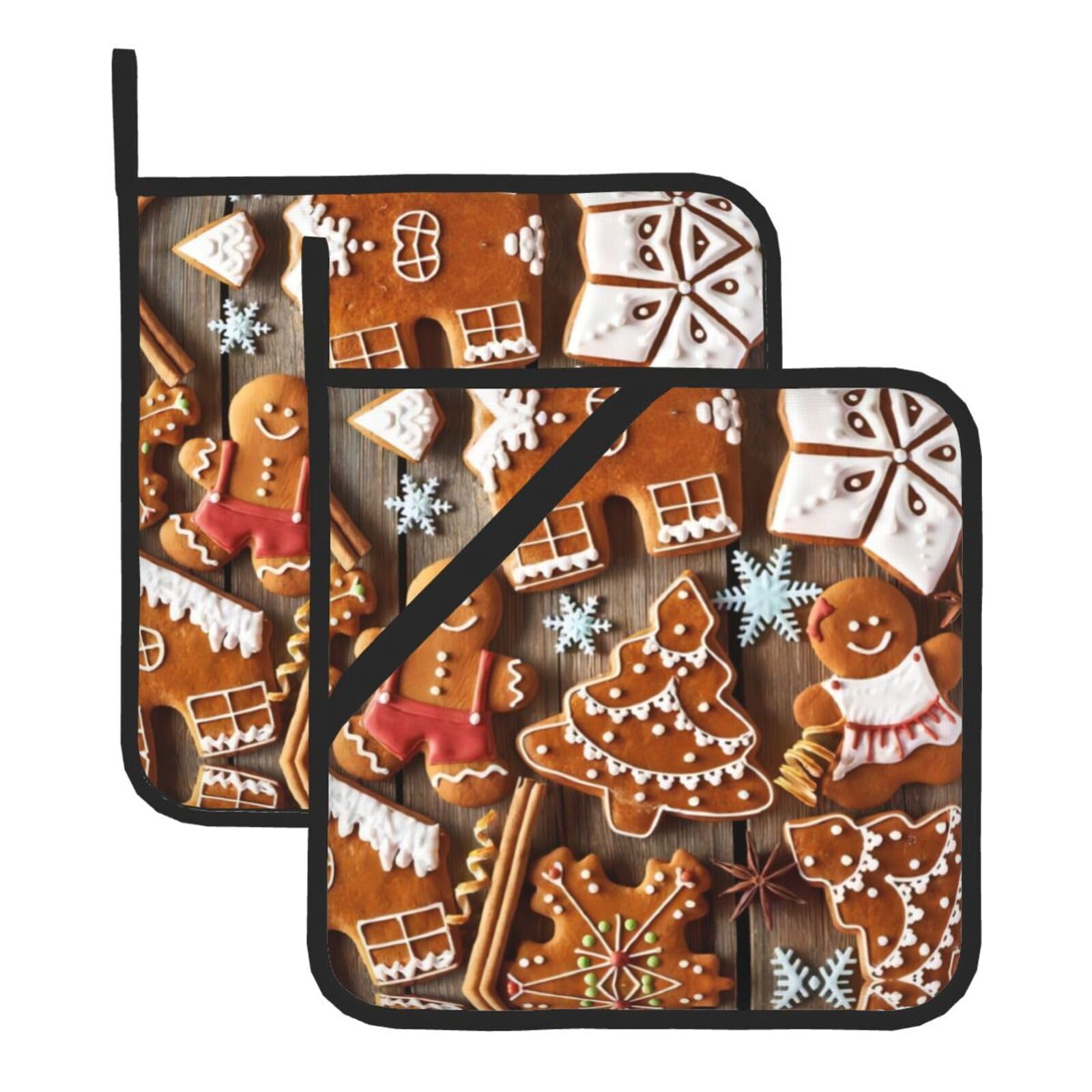 YYHWHJDE Gingerbread Cookies Prints Square Hot Pads for Kitchen Counter - Waterproof Pot Holders, Durable Oven Mitt Layers with Hanging Loop, Heat Resistant Trivets (2-Pack)