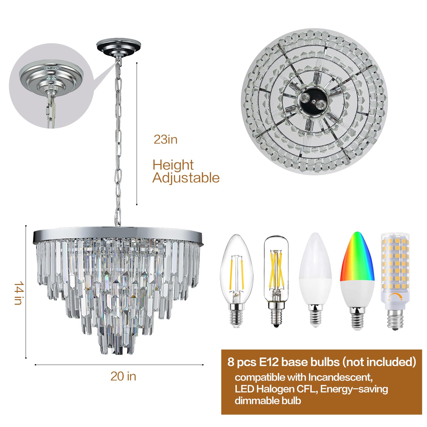 YOLIZUOT 20'' Nickel Dimmable Modern Crystal Chandeliers,5-Tier Large Raindrop Crystal Chandelier for Dining Room,8-Light Semi Flush Mount Ceiling Light Fixture for Living Room Bedroom Entryway