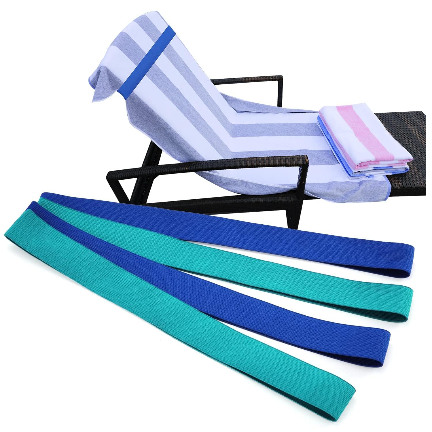 EHOTER Towel Bands 4 Pack Beach Towel Clips Beach Pool Cruise Chairs, 2024 NEW Beach Accessories, The Better Towel Holder Beach Towel Clips Essential for vacation (Blue*2+Green*2)