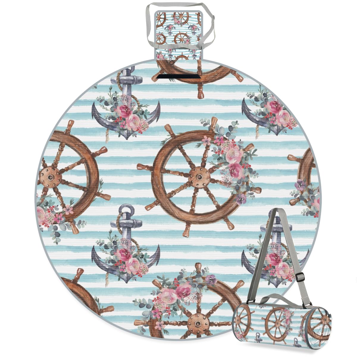 Shimoshe Flower Anchor Rudder Picnic Outdoor Blanket Foldable Waterproof Sandproof Beach Blanket Portable Water-Resistant Round Picnic Mat for Travel Camping Park Lawn