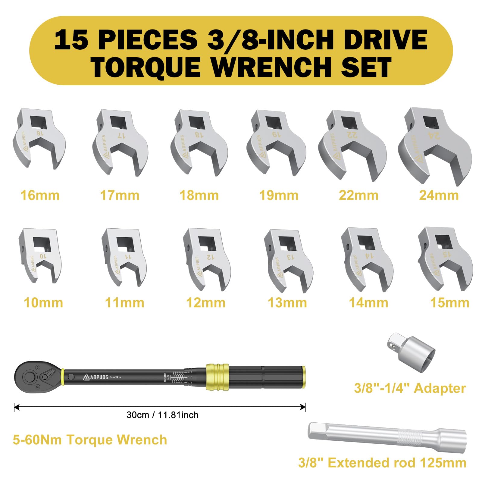 ANPUDS Drehmomentschlüssel Set 3/8" 5-60Nm 15-tlg. mit Verlängerungsstange und Aufbewahrungsbox