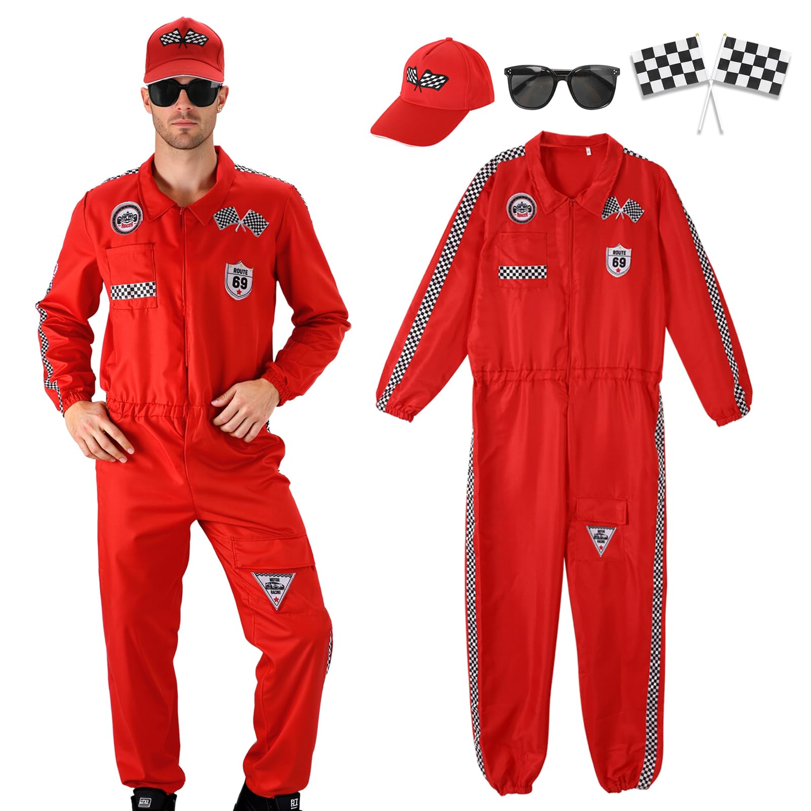 JoyinTcos Racing Driver Costume for Adults 4PCS Role Play Boys Race Car, Jumpsuit for Carnival Premium Polyester