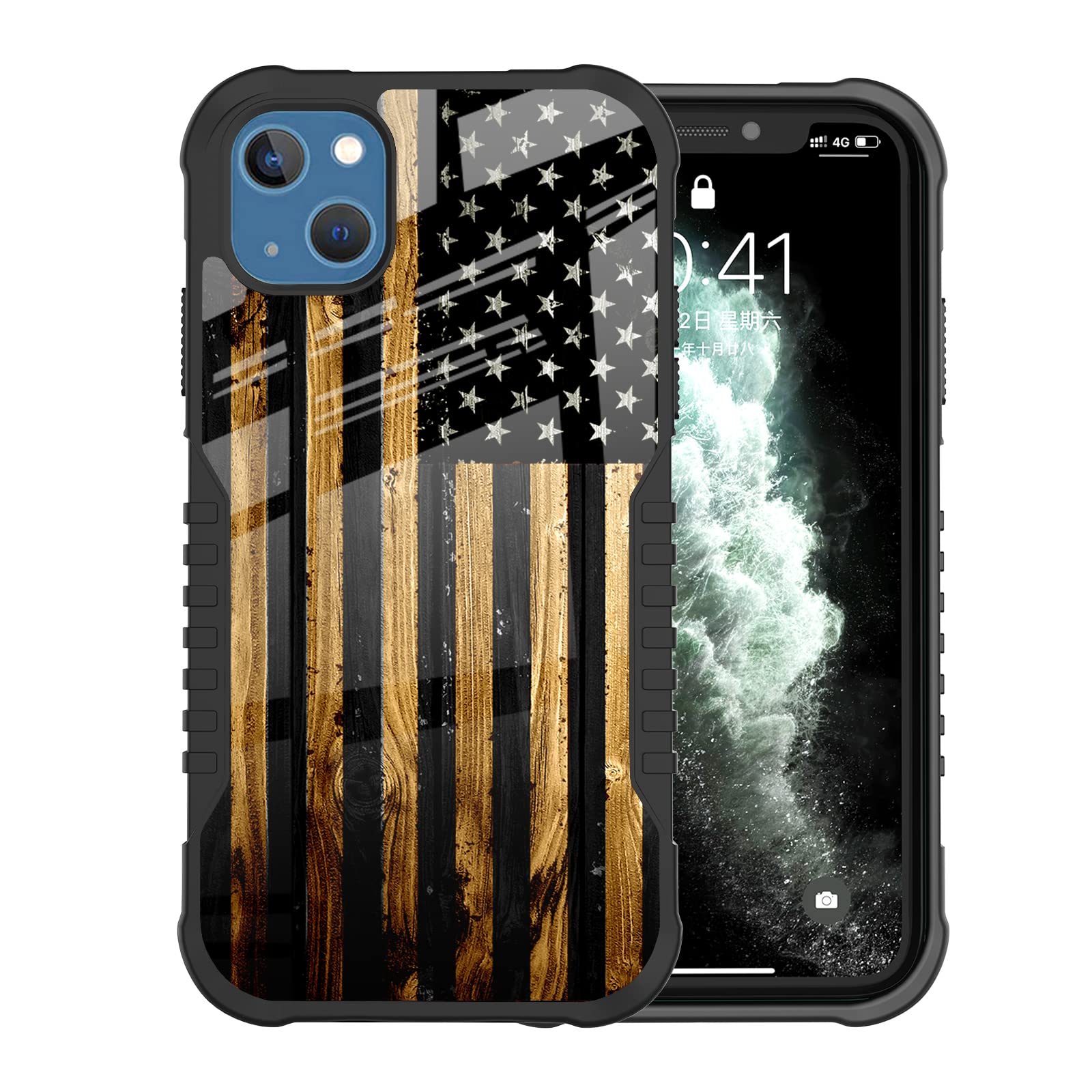 Deizang iPhone 14 Case for Men Boys, Classic Wood Grain Old American Flag Design Heavy Duty Shockproof Anti-Scratch Hard PC Backplane TPU Bumper Drop Protection Case for iPhone 14