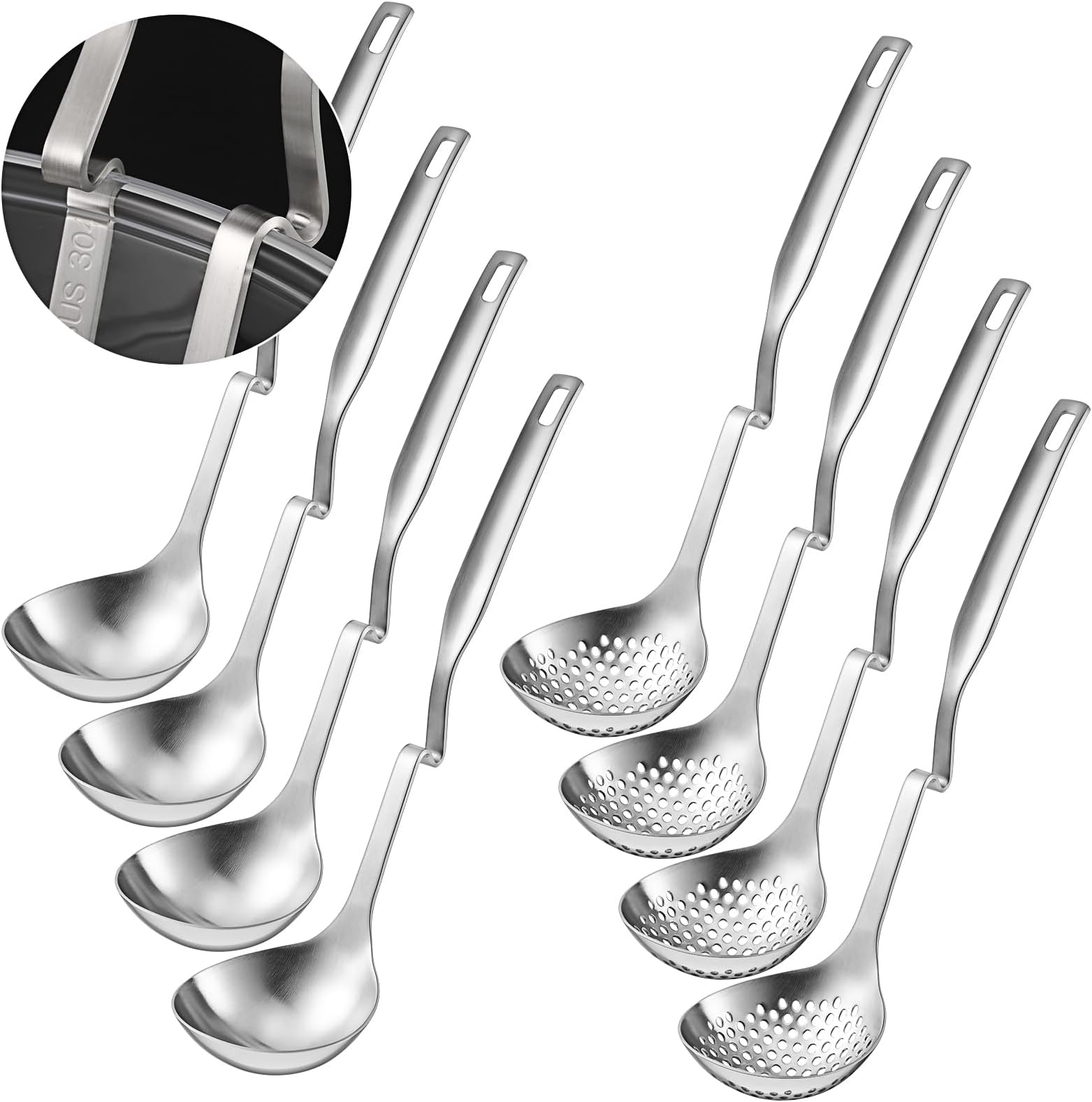 Hot Pot Slotted Ladle Set Stainless Steel Soup Ladle Strainer Scoops Cooking Skimmer Cookware Utensil for Hotpot Scooping Sauce Serving, 12 Inch(8 Pcs,Silver)