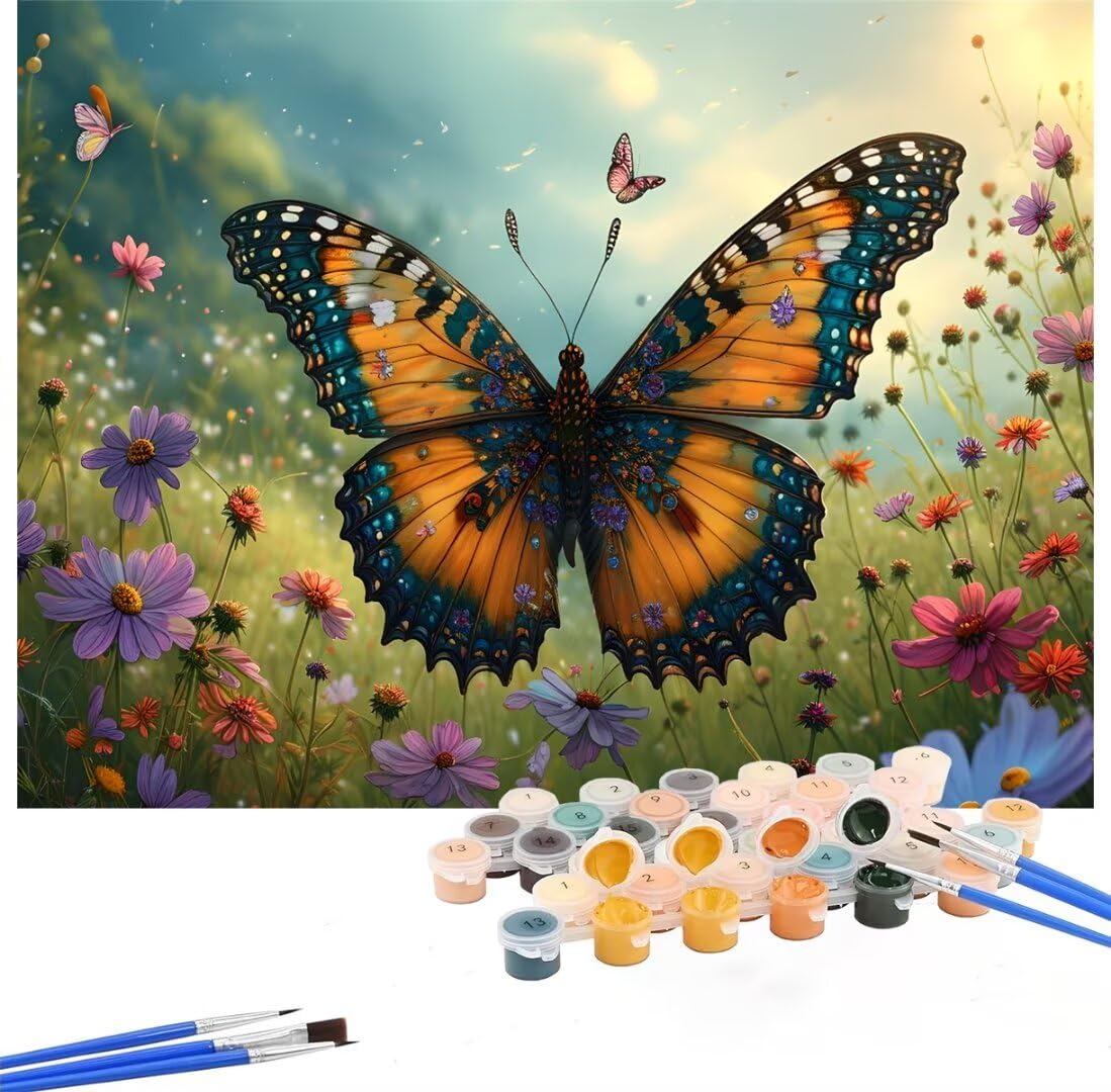 Malen Nach Zahlen Erwachsene Schmetterling,Malen Nach Zahlen Chrysantheme Malen Nach Zahlen Kinder,DIY Handgemalt Ölgemälde Set mit Pinseln und Acrylfarben,Deko Wohnzimmer,Ohne Rahmen 90x120cm Hs-440