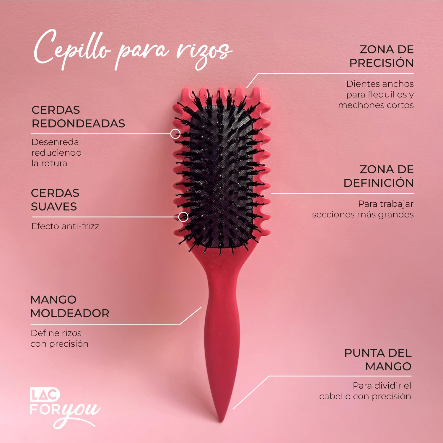 LAC FOR YOU Cepillo Pelo Rizado – Cepillo Definidor de Rizos con Borde Ondulado para Ondas Naturales, Cerdas Suaves & Redondeadas, Anti-Frizz, Mango Soft-Grip – Magenta