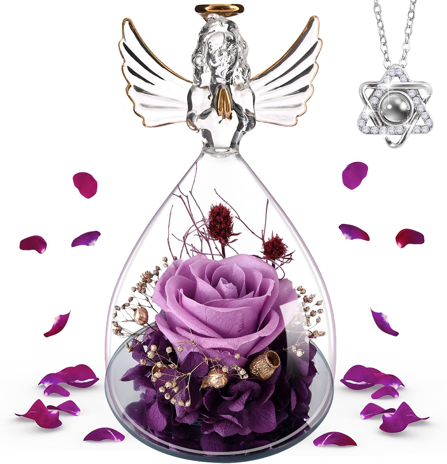 Preserved Flowers for Delivery Prime, Flowers Fresh Bouquet as Birthday Gifts for Women, Anniversaries Gift Basket for Women. Forever Purple Roses in Glass Angel Figurines Gifts for Mom, Grandma, Her