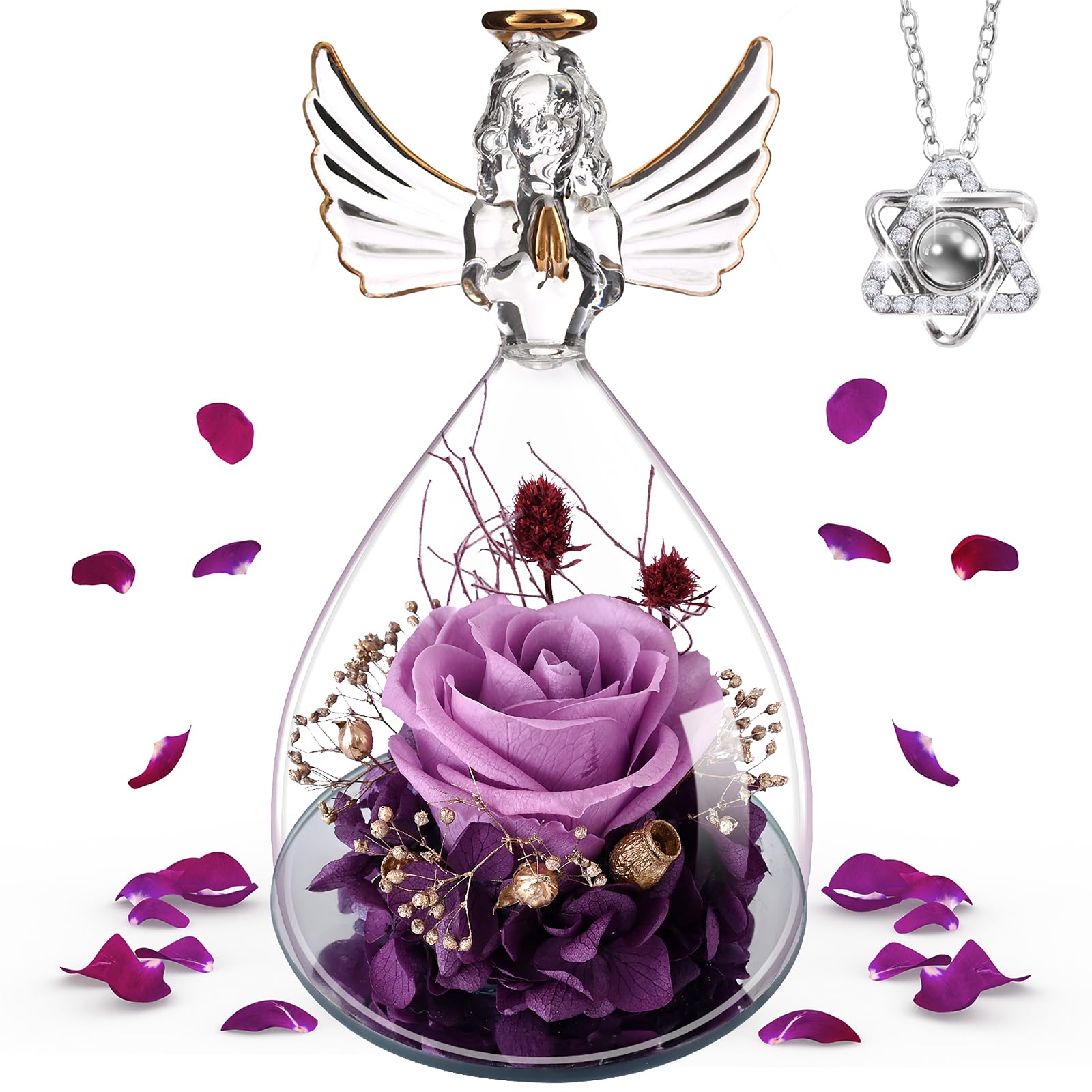 Preserved Flowers for Delivery Prime, Flowers Fresh Bouquet as Birthday Gifts for Women, Anniversaries Gift Basket for Women. Forever Purple Roses in Glass Angel Figurines Gifts for Mom, Grandma, Her