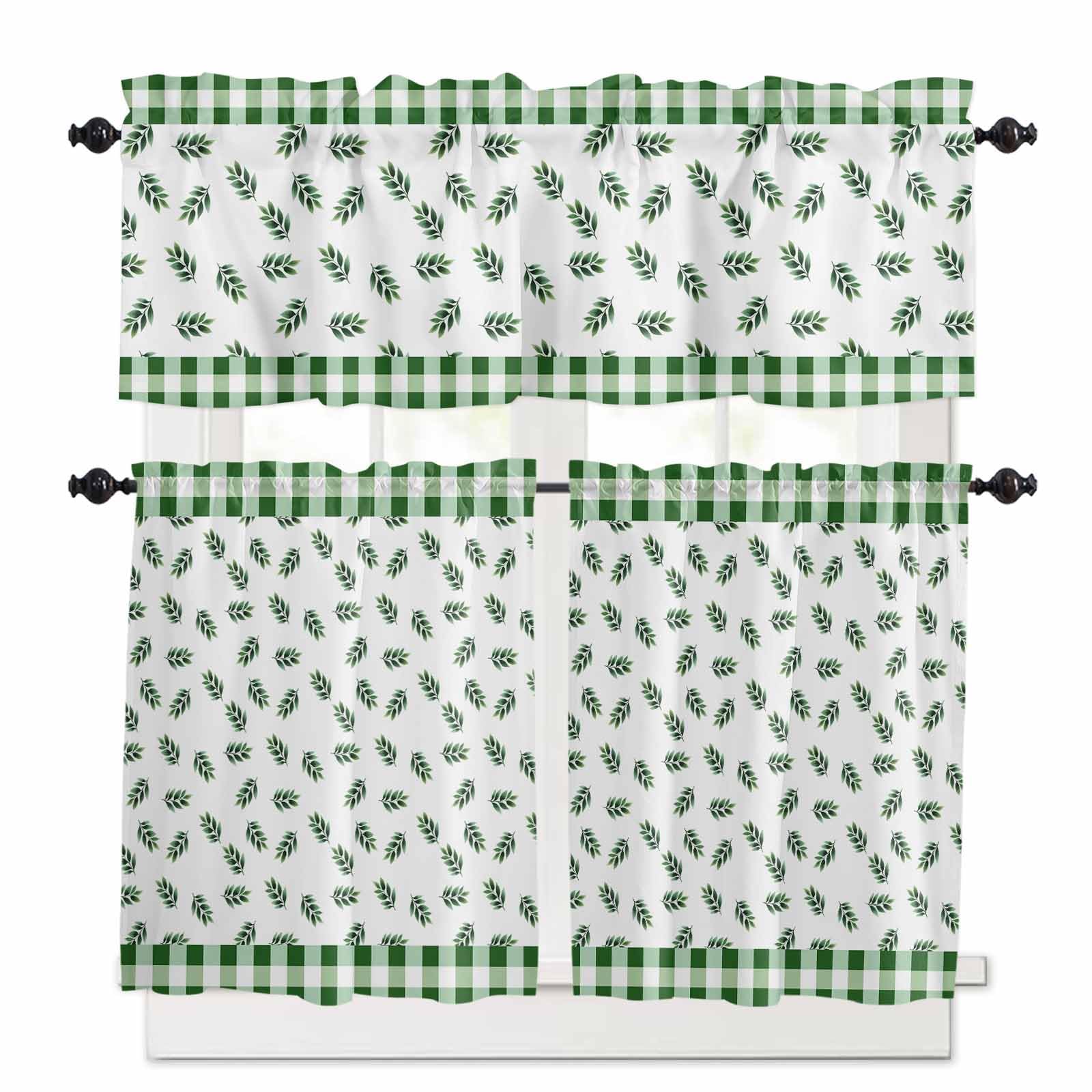 Botanical Leaf Kitchen Curtains 24 Inch Length, 3 Piece Rod Pocket Small Half Tiers and Valance Set, Green Buffalo Plaid Checkered Country Small Large Window Treatment Decor for Bedroom/Bathroom Sink