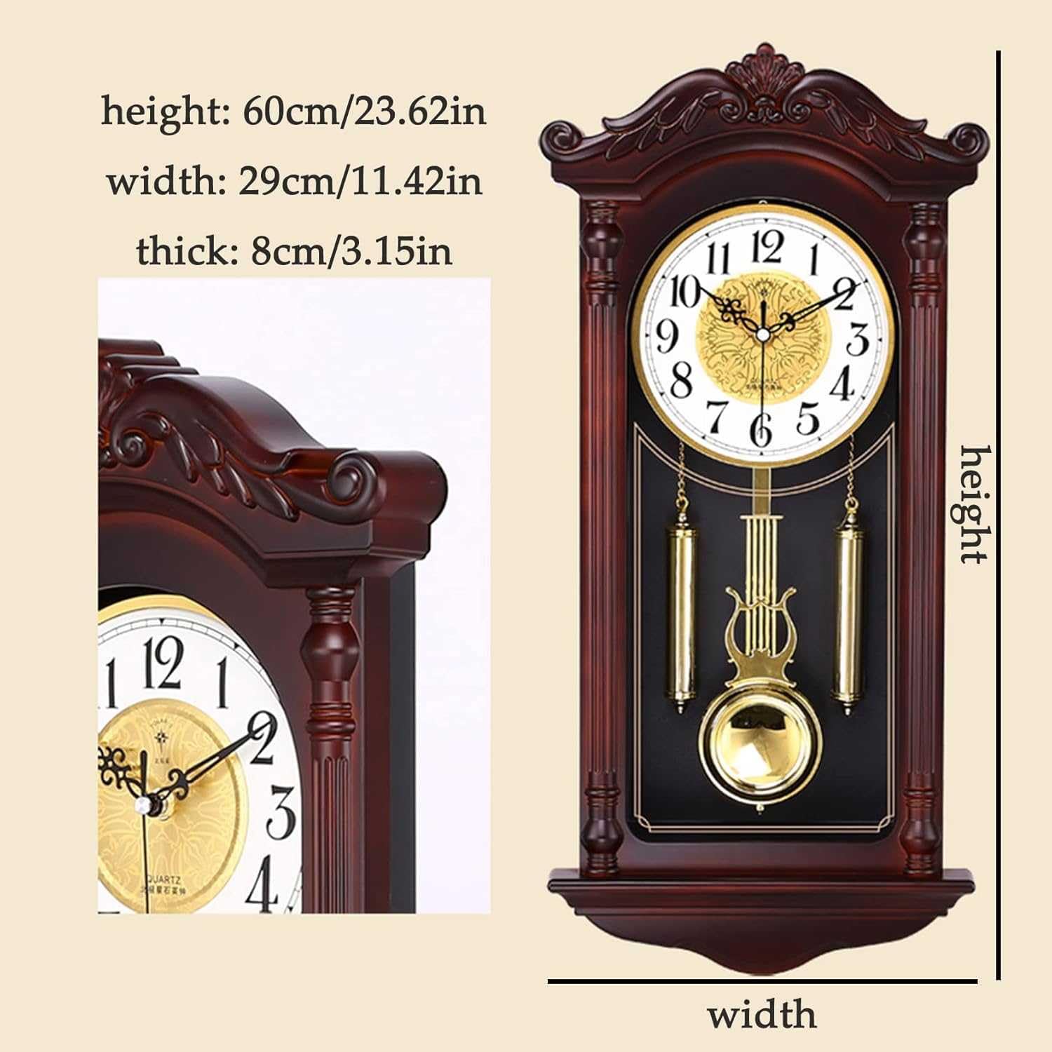 Wanduhr, Traditionelle Pendel-Wanduhr mit Schlagwerk – 66 cm große, stille Großvater-Holzuhr in Braun, Klassische Heimdekoration(B)