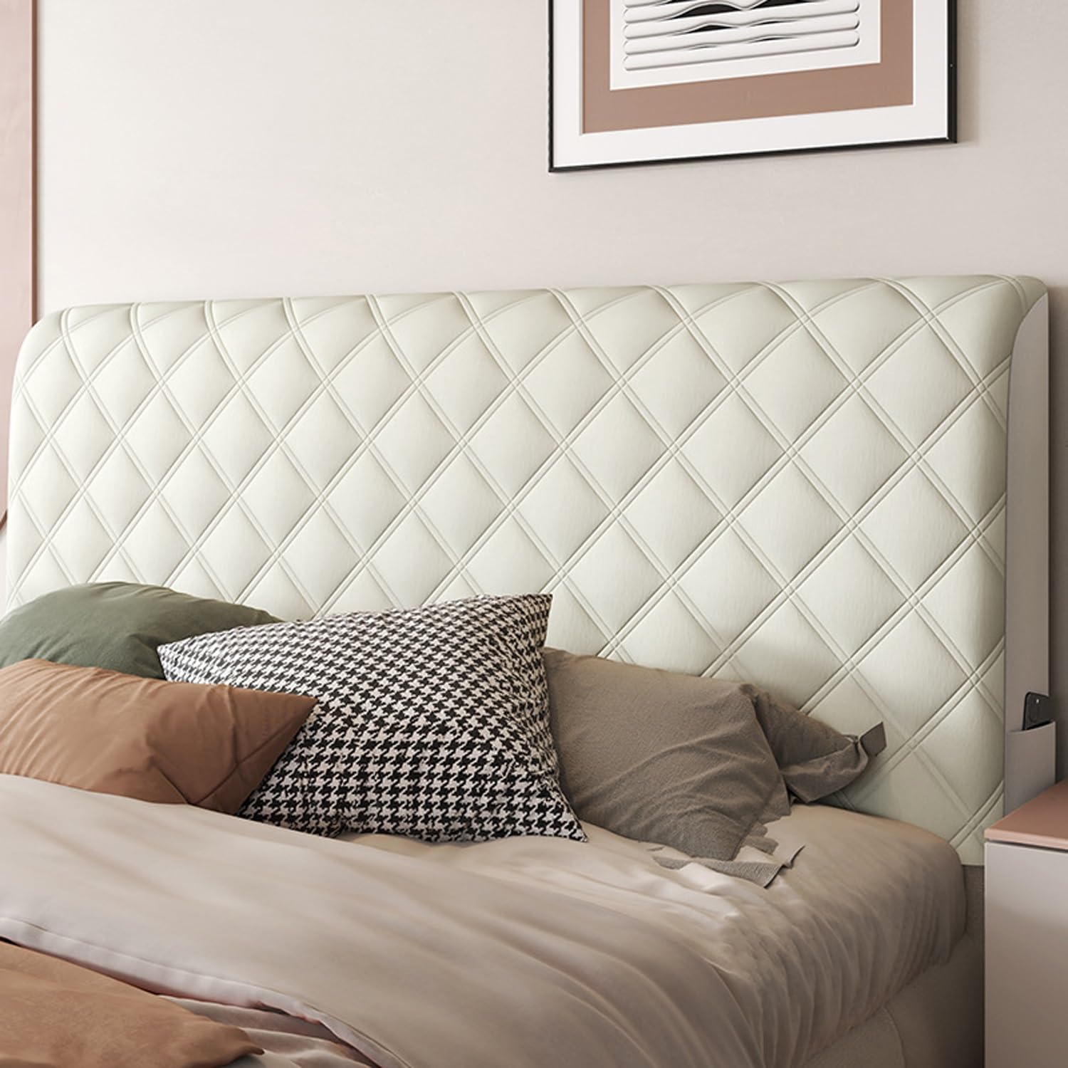 Bed Headboard Cover,Velvet Headboards Covers Slipcover For Single/King/Double,Stretch Upholstered Protector Cover All-Inclusive Bedside Decoration Dust Cover ( Color : Beige white , Size : 210cm(83inc